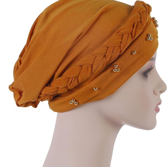 African Women Turban Cap Twisted Beaded Braid Head Wraps Pre-Tied Chemo Headscar - Picture 9 of 9